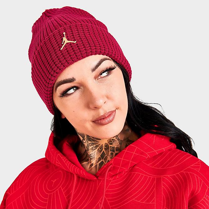 Right view of Jordan Utility Beanie Hat in Gym Red/Metallic Gold Click to zoom