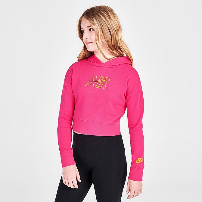 Front view of Girls' Nike Air French Terry Crop Hoodie in Rush Pink/Sangria/Dark Sulfur Click to zoom