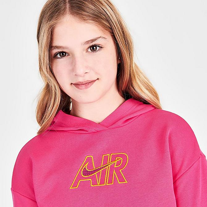 On Model 5 view of Girls' Nike Air French Terry Crop Hoodie in Rush Pink/Sangria/Dark Sulfur Click to zoom
