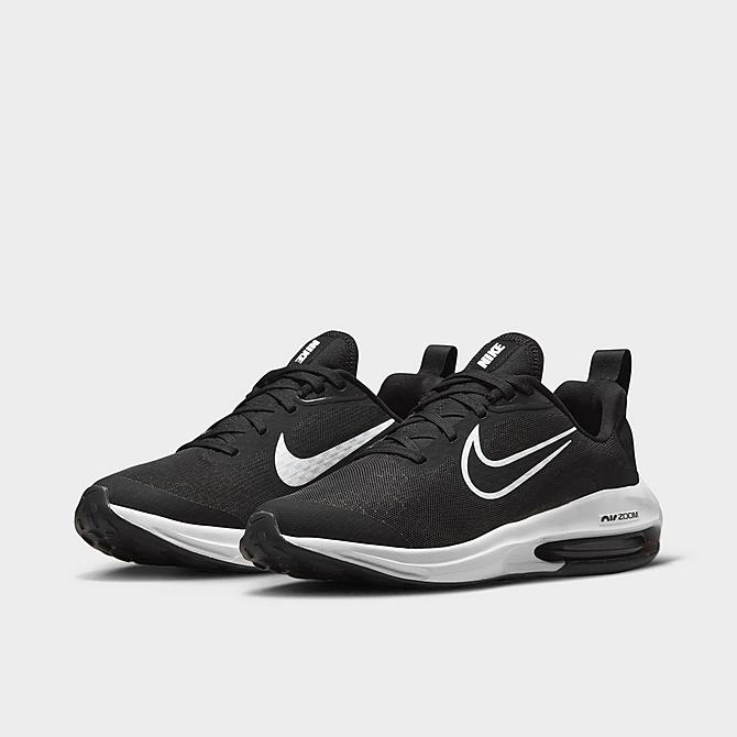 Three Quarter view of Big Kids' Nike Air Zoom Arcadia 2 Running Shoes in Black/Anthracite/White Click to zoom