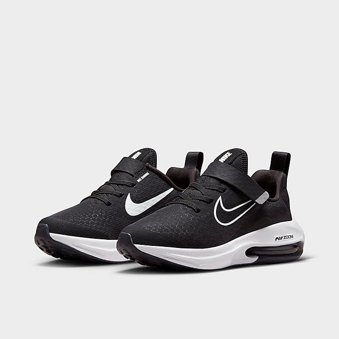 Three Quarter view of Little Kids' Nike Air Zoom Arcadia Running Shoes in Black/Anthracite/White Click to zoom
