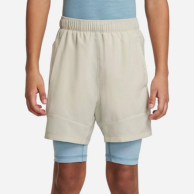Front Three Quarter view of Boys' Nike Yoga 2-in-1 Training Shorts in Light Bone Click to zoom