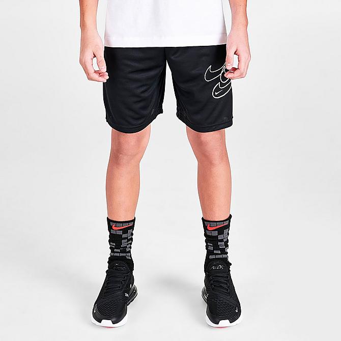 Front Three Quarter view of Boys' Nike Dri-FIT Triple Futura Training Shorts in Black/White Click to zoom