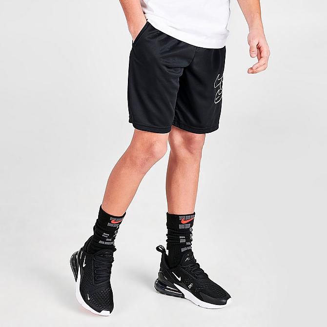 Back Left view of Boys' Nike Dri-FIT Triple Futura Training Shorts in Black/White Click to zoom