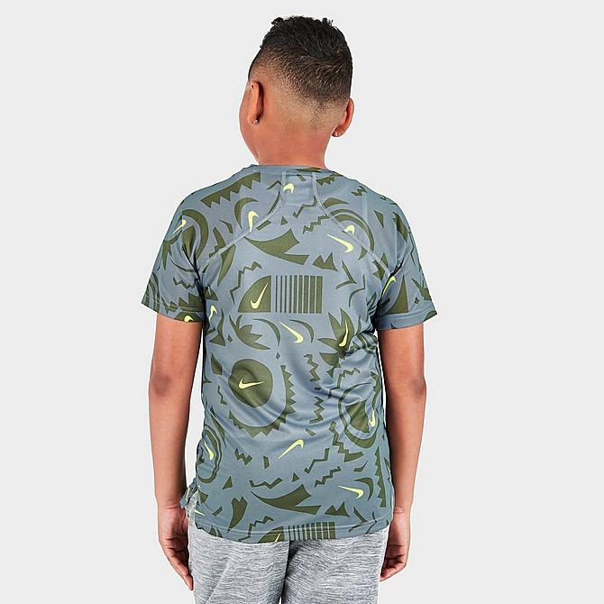 Back Right view of Boys' Nike Allover Print Dri-FIT Training Top in Smoke Grey/Black Click to zoom