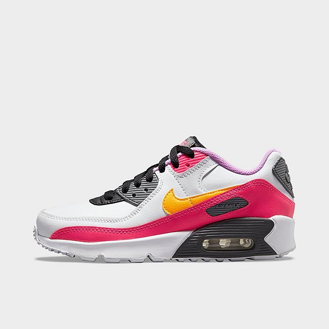 Right view of Girls' Big Kids' Nike Air Max 90 Casual Shoes in White/Laser Orange/Black/Hyper Pink Click to zoom