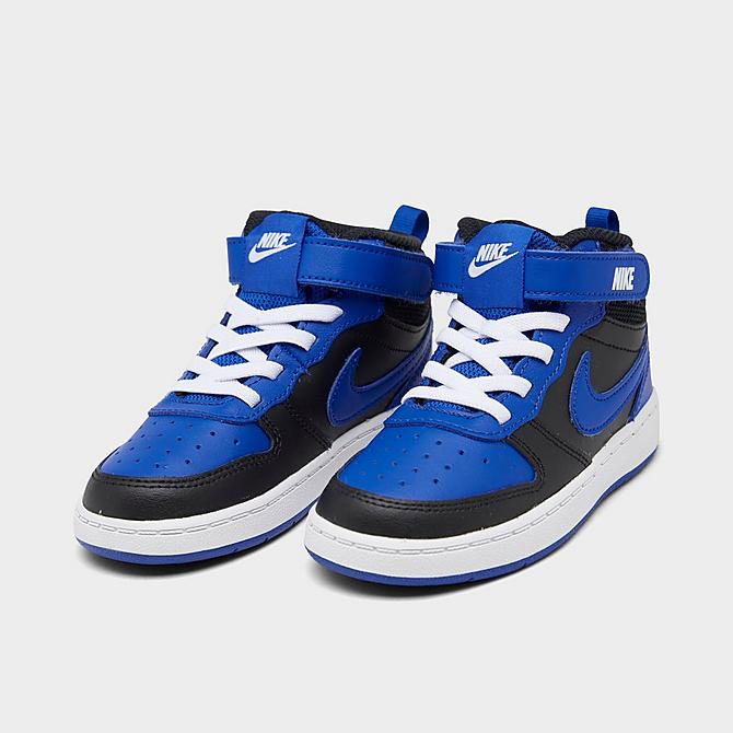 Three Quarter view of Boy's Toddler Nike Court Borough Mid 2 Casual Shoes in Black/Game Royal/Game Royal/White Click to zoom