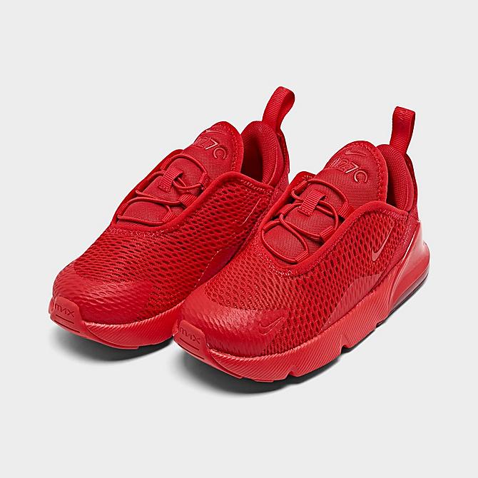 Three Quarter view of Boys' Toddler Nike Air Max 270 Casual Shoes in University Red/University Red Click to zoom
