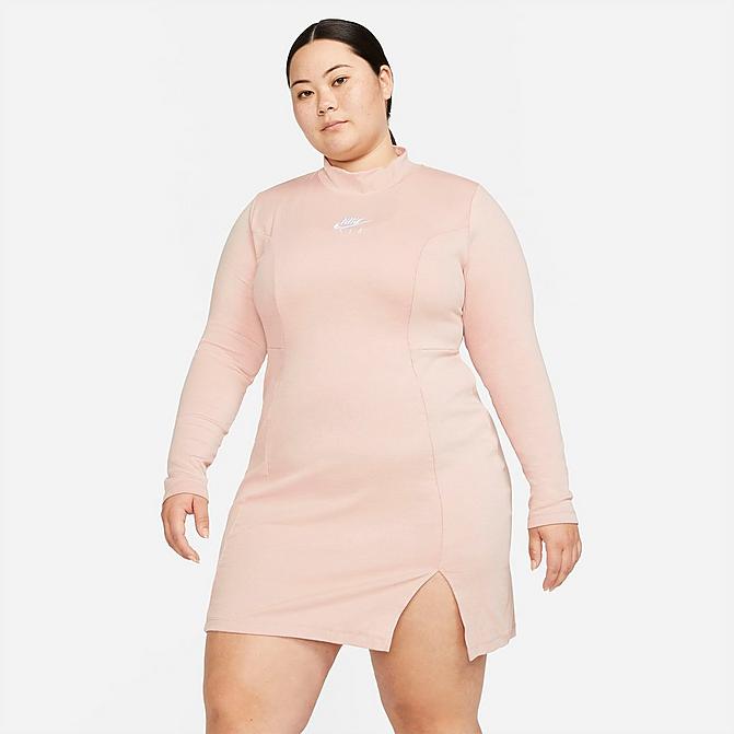 Front view of Women's Nike Air Logo Long-Sleeve Dress (Plus Size) in Pink Oxford/Rust Pink/White Click to zoom