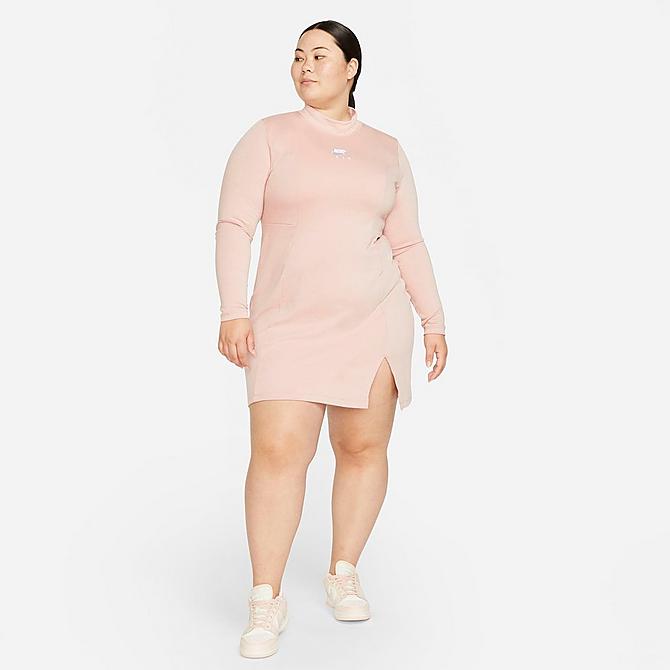 Front Three Quarter view of Women's Nike Air Logo Long-Sleeve Dress (Plus Size) in Pink Oxford/Rust Pink/White Click to zoom