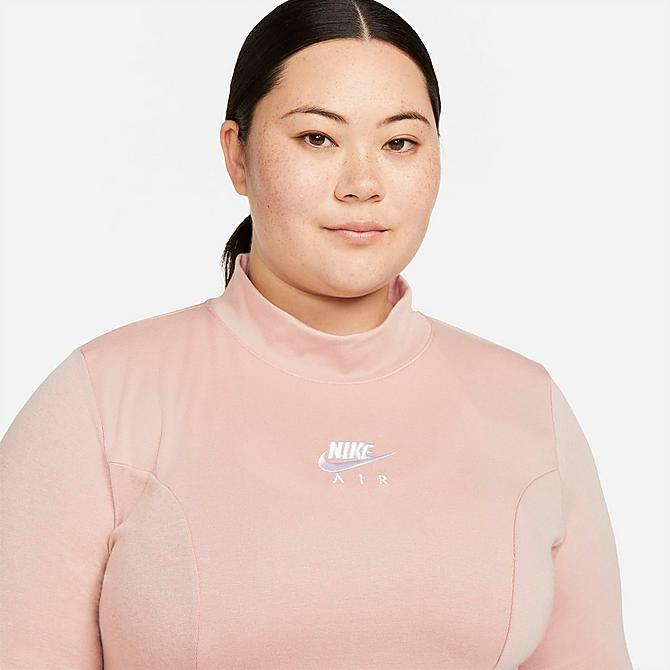 Back Right view of Women's Nike Air Logo Long-Sleeve Dress (Plus Size) in Pink Oxford/Rust Pink/White Click to zoom