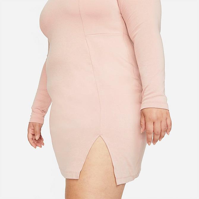 On Model 5 view of Women's Nike Air Logo Long-Sleeve Dress (Plus Size) in Pink Oxford/Rust Pink/White Click to zoom