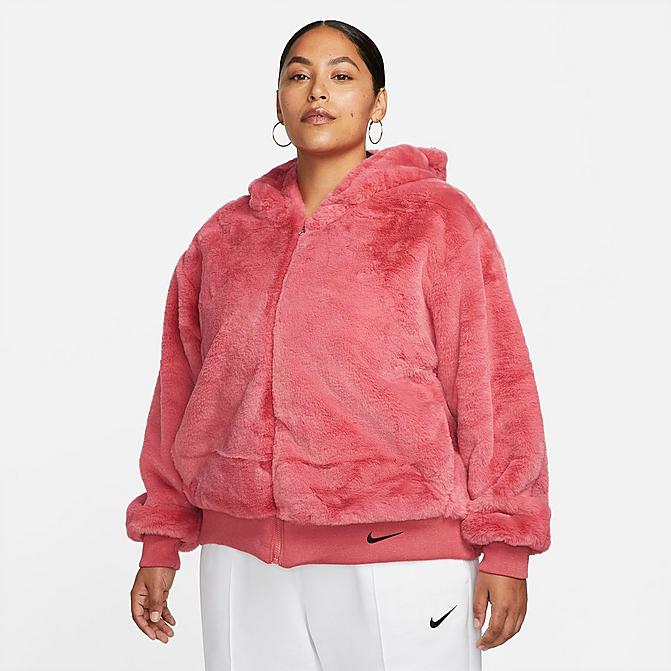 Front view of Women's Nike Sportswear Essentials Faux Fur Jacket (Plus Size) in Archaeo Pink/Black Click to zoom