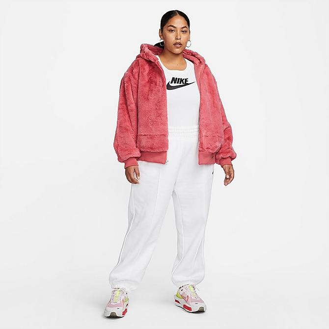 Front Three Quarter view of Women's Nike Sportswear Essentials Faux Fur Jacket (Plus Size) in Archaeo Pink/Black Click to zoom