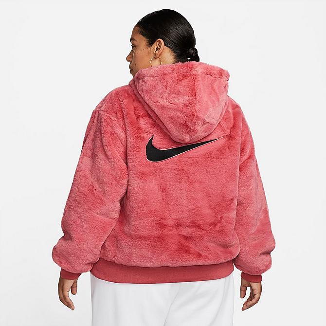 Back Left view of Women's Nike Sportswear Essentials Faux Fur Jacket (Plus Size) in Archaeo Pink/Black Click to zoom