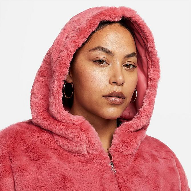 Back Right view of Women's Nike Sportswear Essentials Faux Fur Jacket (Plus Size) in Archaeo Pink/Black Click to zoom