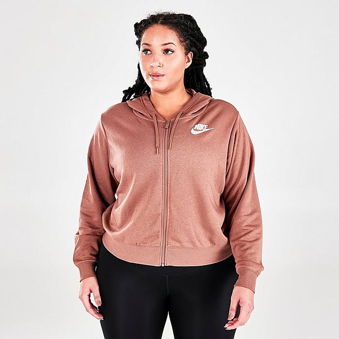 Front view of Women's Nike Sportswear Animal Print Logo Full-Zip Fleece Hoodie (Plus Size) in Archaeo Brown Click to zoom