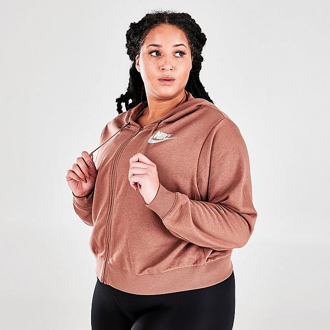 Back Right view of Women's Nike Sportswear Animal Print Logo Full-Zip Fleece Hoodie (Plus Size) in Archaeo Brown Click to zoom