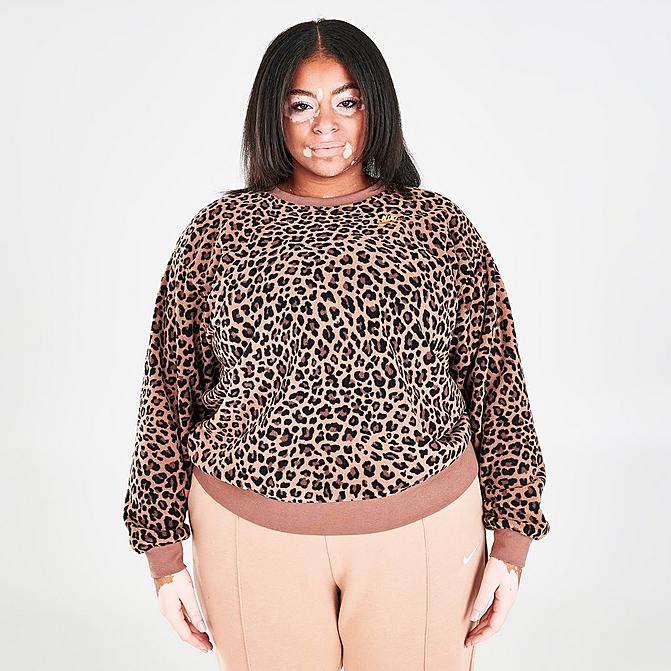 Front view of Women's Nike Sportswear Allover Print Fleece Crewneck Sweatshirt (Plus Size) in Archaeo Brown Click to zoom