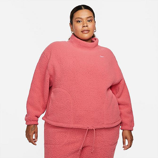 Front view of Women's Nike Therma-FIT Core Cozy Fleece Sweatshirt (Plus Size) in Archaeo Pink/White Click to zoom