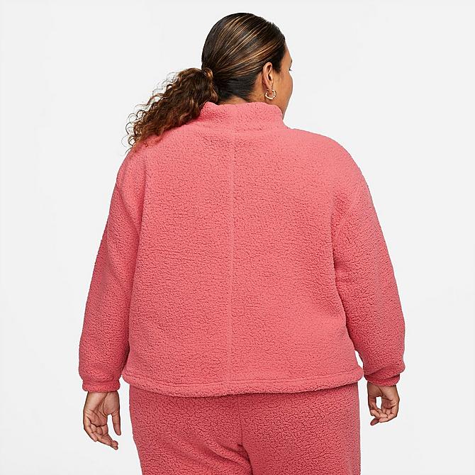 Back Left view of Women's Nike Therma-FIT Core Cozy Fleece Sweatshirt (Plus Size) in Archaeo Pink/White Click to zoom