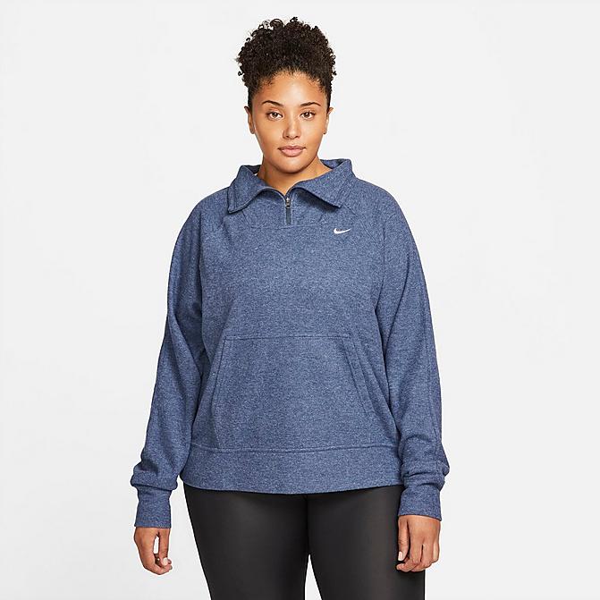 Front view of Women's Nike Therma-FIT Half-Zip Training Sweatshirt (Plus Size) in Thunder Blue/Heather/White Click to zoom