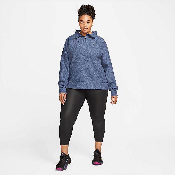 Front Three Quarter view of Women's Nike Therma-FIT Half-Zip Training Sweatshirt (Plus Size) in Thunder Blue/Heather/White Click to zoom