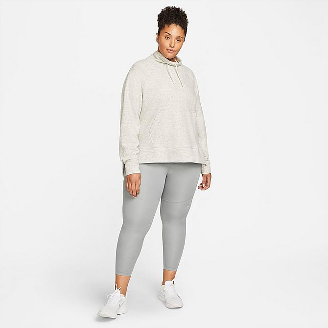 Front Three Quarter view of Women's Nike Therma-FIT Pullover Training Hoodie (Plus Size) in Grey Heather/White Click to zoom