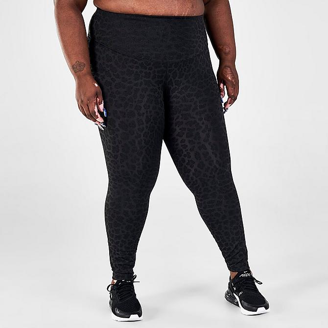 Back Left view of Women's Nike Dri-FIT One Mid-Rise Printed Leggings (Plus Size) in Off Noir/White Click to zoom