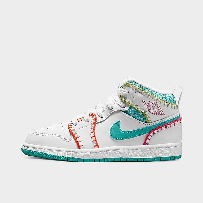 Right view of Girls' Little Kids' Air Jordan 1 Mid SE Casual Shoes in White/Washed Teal/Rush Pink/Rush Orange Click to zoom