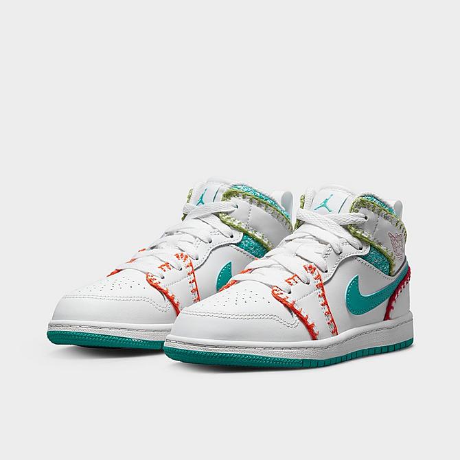 Three Quarter view of Girls' Little Kids' Air Jordan 1 Mid SE Casual Shoes in White/Washed Teal/Rush Pink/Rush Orange Click to zoom