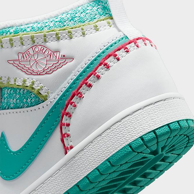 Front view of Girls' Little Kids' Air Jordan 1 Mid SE Casual Shoes in White/Washed Teal/Rush Pink/Rush Orange Click to zoom