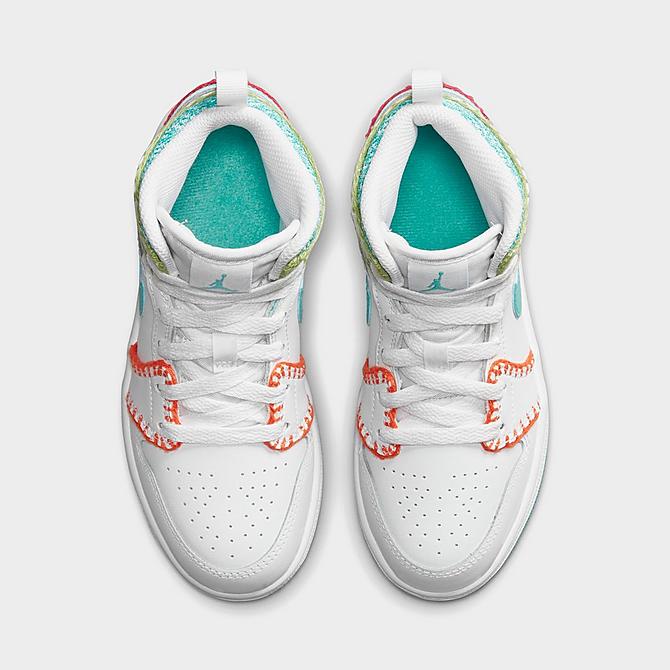 Back view of Girls' Little Kids' Air Jordan 1 Mid SE Casual Shoes in White/Washed Teal/Rush Pink/Rush Orange Click to zoom