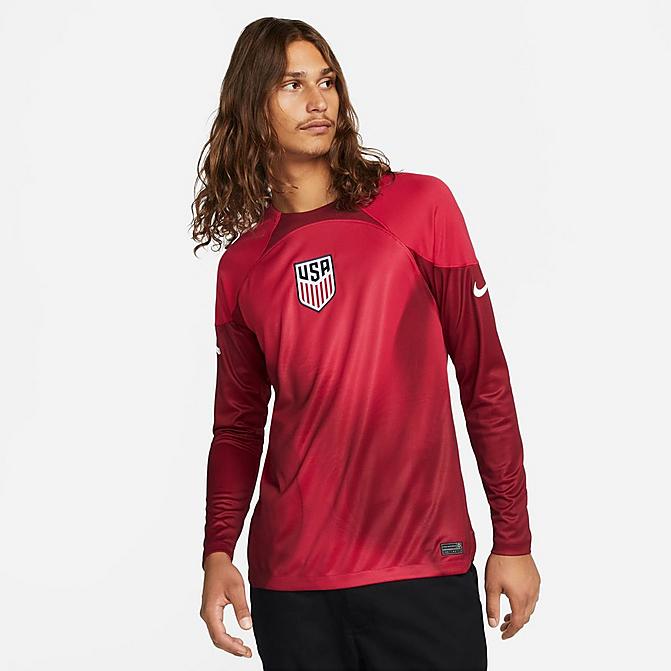 [angle] view of Men's Nike U.S. 2022-23 Stadium Dri-FIT Goalkeeper Jersey in Mystic Hibiscus/Team Red/White Click to zoom