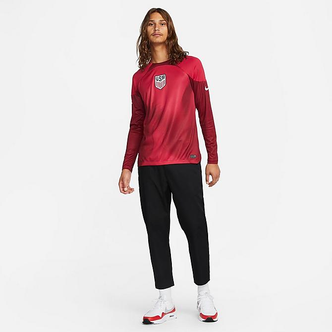 [angle] view of Men's Nike U.S. 2022-23 Stadium Dri-FIT Goalkeeper Jersey in Mystic Hibiscus/Team Red/White Click to zoom