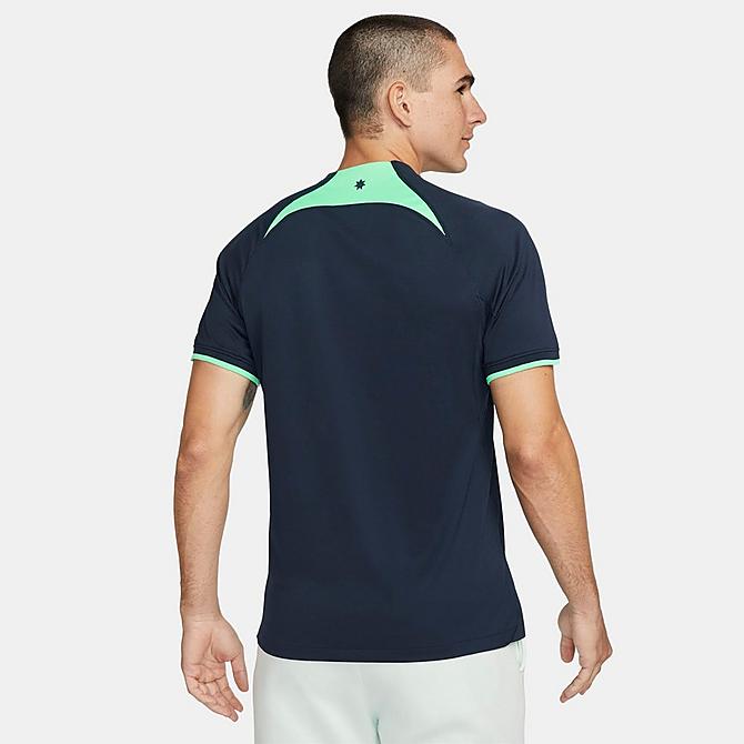 [angle] view of Men's Nike Dri-FIT Australia 2022-23 Stadium Away Soccer Jersey in Obsidian/Green Glow/Green Glow Click to zoom