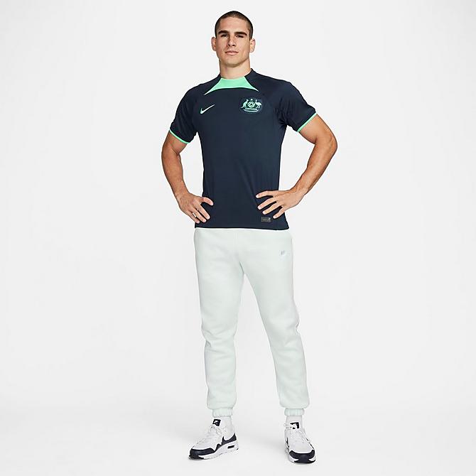 [angle] view of Men's Nike Dri-FIT Australia 2022-23 Stadium Away Soccer Jersey in Obsidian/Green Glow/Green Glow Click to zoom