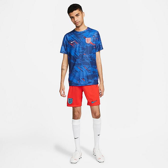 [angle] view of Men's Nike England Dri-FIT Stadium Away Soccer Shorts in Challenge Red/Blue Void/Blue Fury Click to zoom
