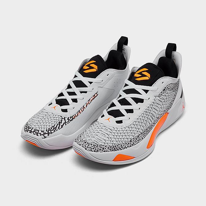 Three Quarter view of Jordan Luka 1 Basketball Shoes in White/Total Orange/Black Click to zoom
