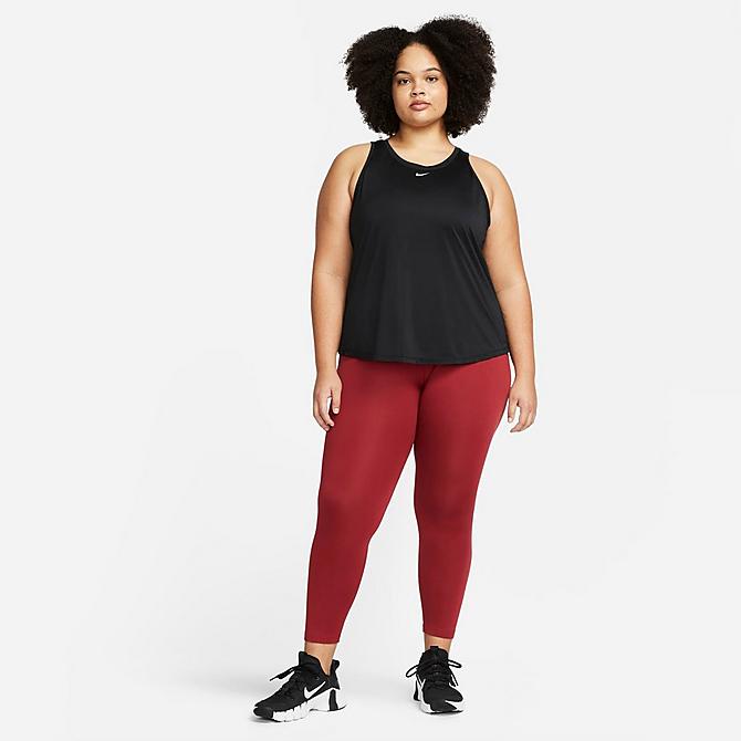 Front Three Quarter view of Women's Nike Therma-FIT One Mid-Rise Leggings (Plus Size) in Pomegranate/Black Click to zoom