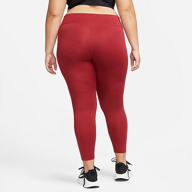 Back Left view of Women's Nike Therma-FIT One Mid-Rise Leggings (Plus Size) in Pomegranate/Black Click to zoom