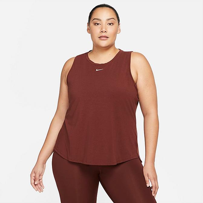 Front view of Women's Nike Dri-FIT One Luxe Standard-Fit Tank (Plus Size) in Bronze Eclipse/Reflective Silver Click to zoom