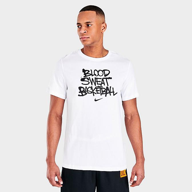 Front view of Men's Nike Dri-FIT Blood, Sweat, Basketball Graphic T-Shirt in White Click to zoom