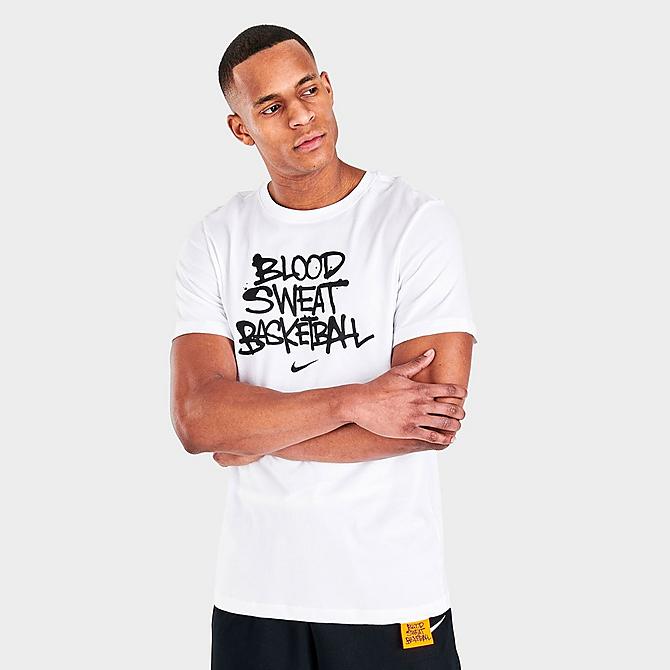 Back Left view of Men's Nike Dri-FIT Blood, Sweat, Basketball Graphic T-Shirt in White Click to zoom