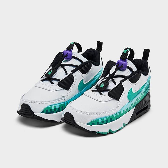 Three Quarter view of Kids' Toddler Nike Air Max 90 Toggle SE Casual Shoes in White/Black/Psychic Purple/Washed Teal Click to zoom