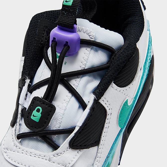 Front view of Kids' Toddler Nike Air Max 90 Toggle SE Casual Shoes in White/Black/Psychic Purple/Washed Teal Click to zoom