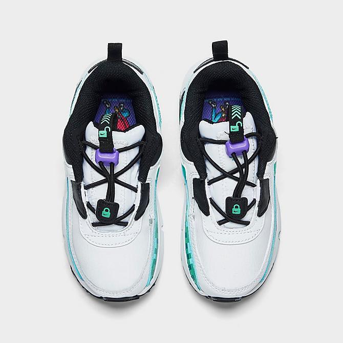 Back view of Kids' Toddler Nike Air Max 90 Toggle SE Casual Shoes in White/Black/Psychic Purple/Washed Teal Click to zoom