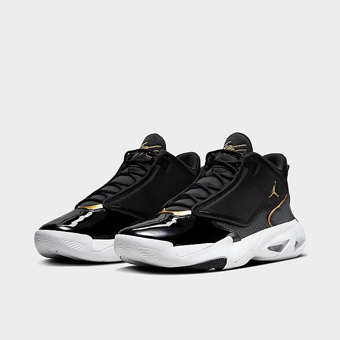 Three Quarter view of Jordan Max Aura 4 Basketball Shoes in Black/Metallic Gold/White Click to zoom
