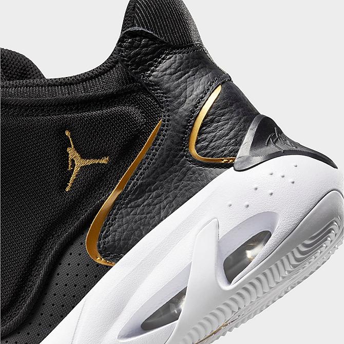 Front view of Jordan Max Aura 4 Basketball Shoes in Black/Metallic Gold/White Click to zoom