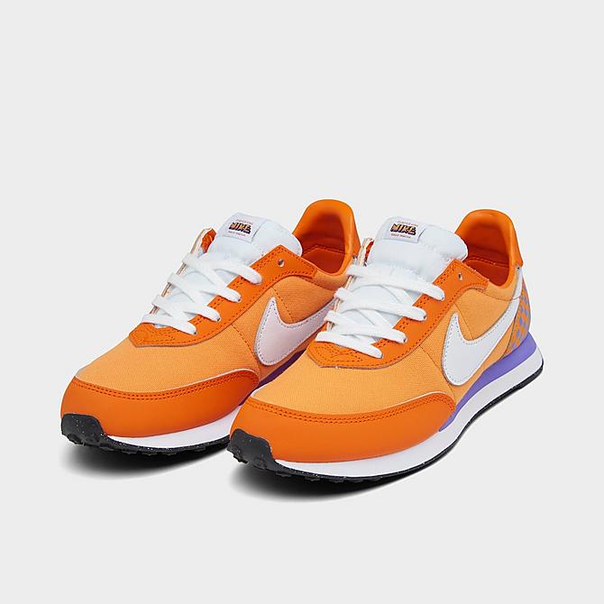 Three Quarter view of Little Kids' Nike Waffle Trainer 2 SE Casual Shoes in Kumquat/White/Psychic Purple Click to zoom